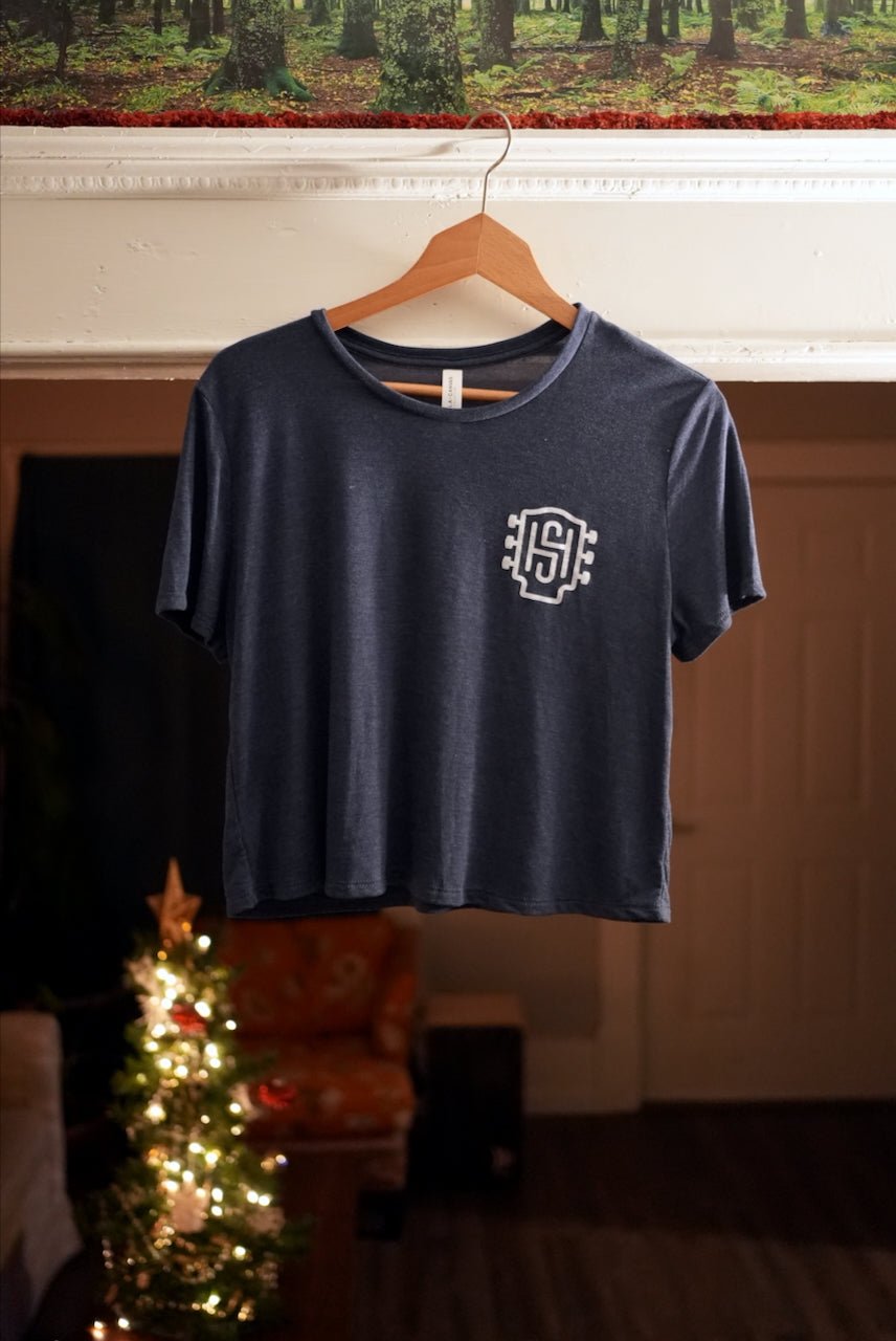 HS Guitar Emblem Female Crop T-shirt (white ink on dark blue)
