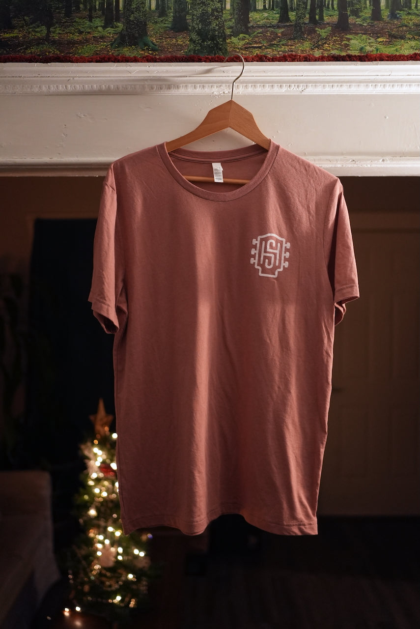 HS Guitar Emblem T-shirt (white ink on salmon)