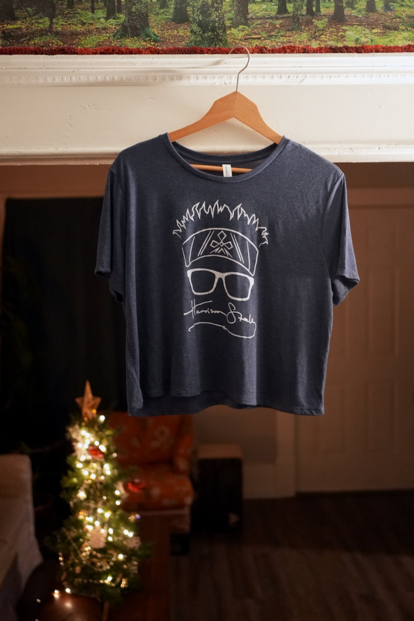 Harrison Steele Face Female Crop T-shirt (white ink on dark blue)