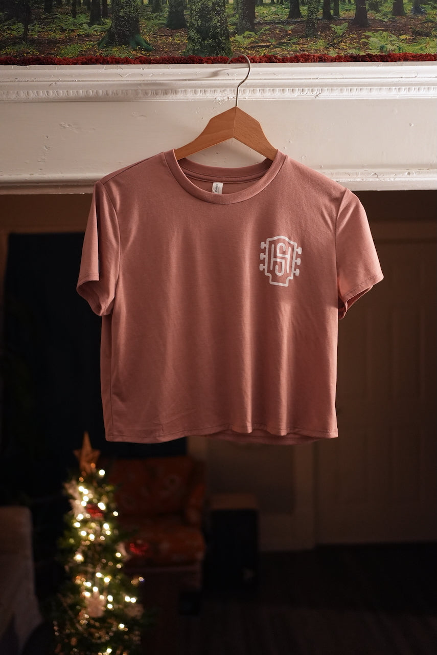 HS Guitar Emblem Female Crop T-shirt (white ink on salmon)